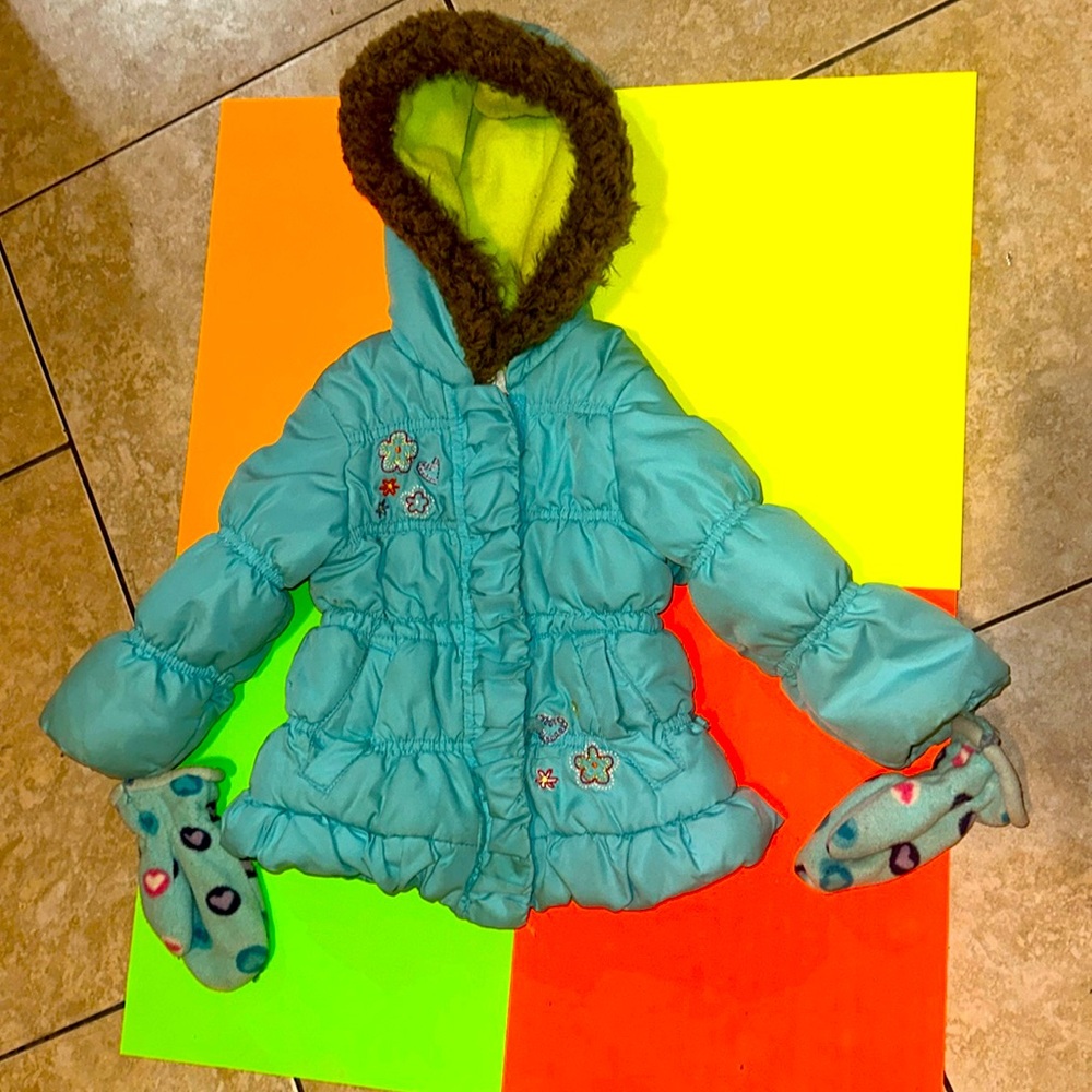 Blue/teal 2T toddlers winter jacket with detachable mittens